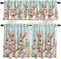 Easter Kitchen Curtains Set 3 Piece for Windows, Rod Pocket Valance and Tier Set 24 Inch Length, Spring Rabbit Colorful Eggs Flowers Wooden Grain Light Filtering Cafe Curtains for Living Room Bathroom