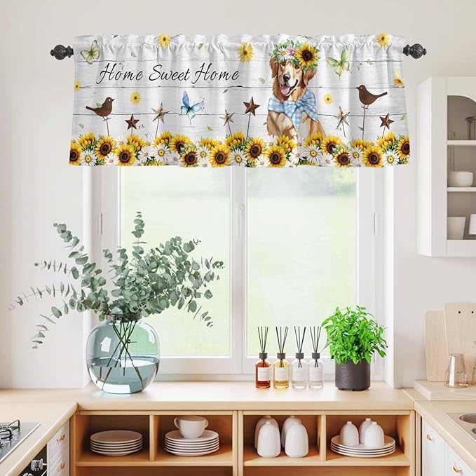 Kitchen Curtains Tiers and Valance Set of 3, Sunflowers Dog Light Filtering Window Curtain Set, Spring Watercolor Floral Stars Wood Grain Rod Pocket Curtain Drapes for Living Room, 24 Inches Tiers
