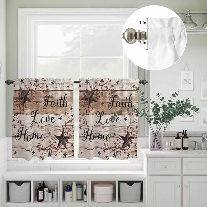 Kitchen Curtains Tiers and Valance Set of 3, Rustic Star Brown Light Filtering Window Curtain Set, Vintage Plants Berry Wooden Grain Rod Pocket Curtain Drapes for Cafe, Living Room, 24 Inches Tiers