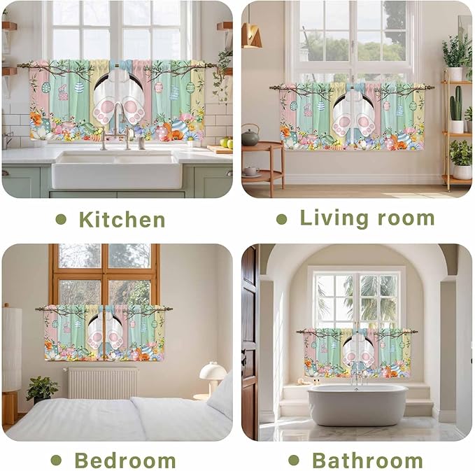 Easter Kitchen Tier Curtains 24 Inch Long 2 Panel Set,Rod Pocket Cafe Small Window Curtains Over Sink,Spring Colorful Bunny Eggs Flower Wood Grain Light Filtering Short Drapes 27.5"W x 24"L