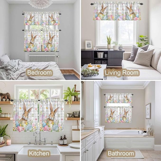 Kitchen Curtains Tiers and Valance Set of 3, Easter Light Filtering Window Curtain Set, Spring Rabbit Eggs Blooms Flowers Leaf Grey Plaid Rod Pocket Curtain Drapes for Living Room, 24 Inches Tiers