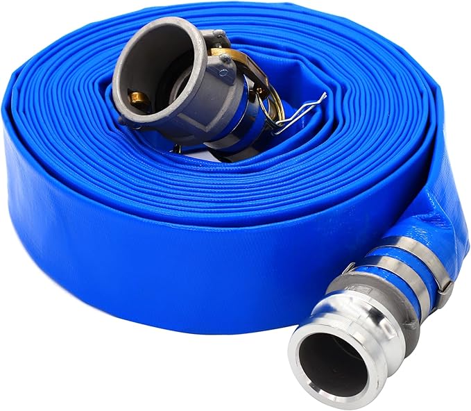 DAVCO 2" ID × 25 ft Pool Backwash Hose, Heavy Duty Reinforced Blue PVC Lay Flat Water Discharge Pump Hoses For Swimming Drain Pools and Clean Filters, with Aluminum Camlock C and E Fittings