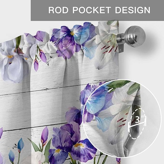 Spring Flowers Curtain Valances for Windows, Kitchen Valance Window Treatment, Watercolor Garden Florals Wooden Grain Light Filtering Block Curtains for Bathroom/Bedroom/Living Room 42'' x 18''
