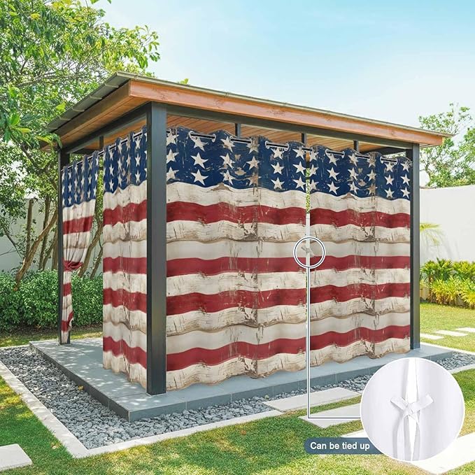 4th of July Outdoor Curtains for Patio USA Flag Independence Day Vintage Waterproof Outside Curtains with Grommet Top Weatherproof Curtain for Cabana Pergola Gazebo, 2 Pack, 54" W x 95" L