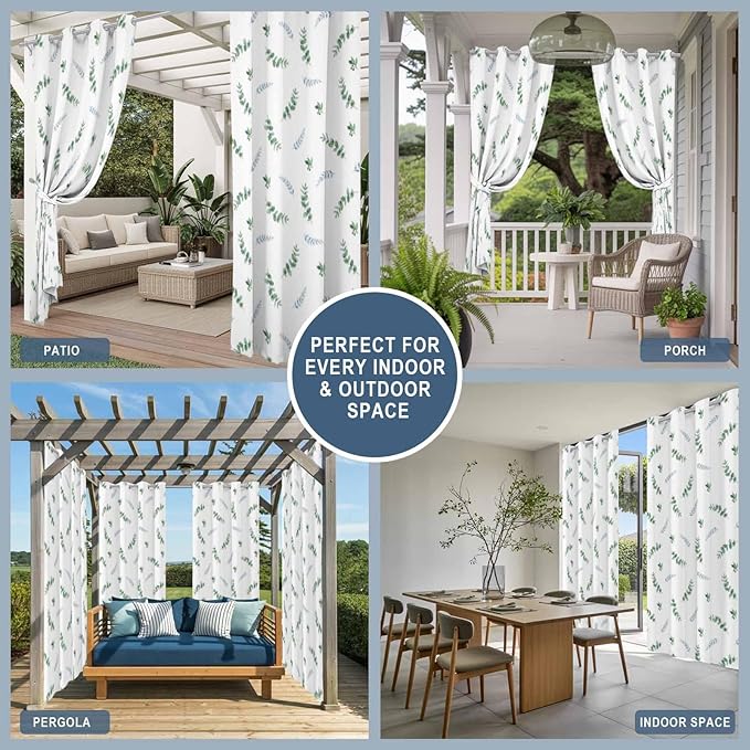 Leaf Outdoor Curtains for Patio Summer Jugal Leaves Pastoral Plant Waterproof Outside Curtains with Grommet Top Weatherproof Curtain for Cabana Pergola Gazebo, 2 Pack, 54" W x 84" L