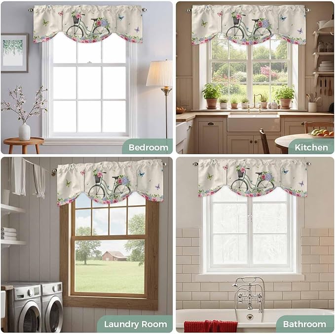 Farmhouse Spring Tie Up Valance Curtains for Windows, Kitchen Curtains Window Shades, Retro Bicycles Flowers Vines Butterfly Light Filtering Roman Curtain Valances for Bedroom/Bathroom/Cafe 42"x12"