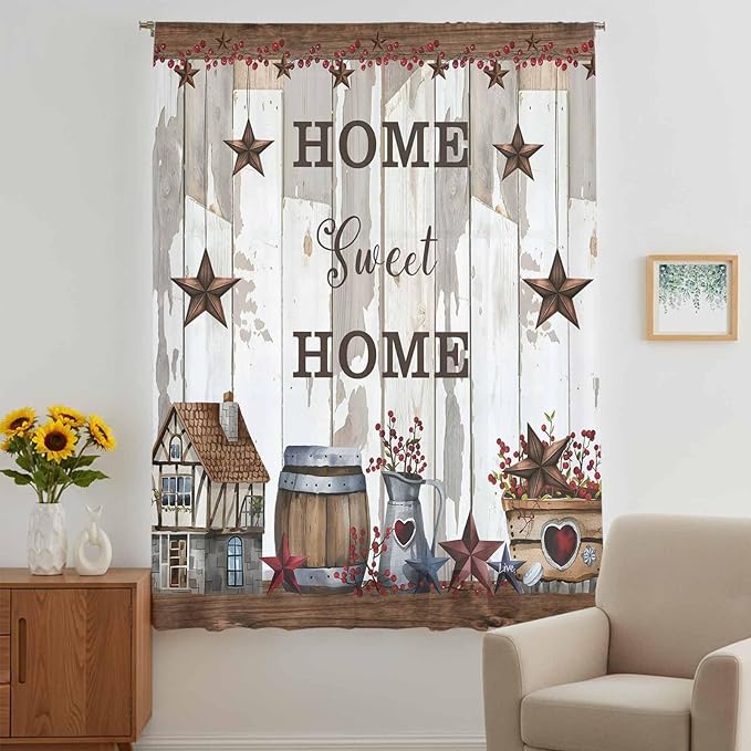 Farmhouse Sheer Curtains 45 Inch Length Retro Country Star Berry Vintage Wood Grain Chiffon Curtain for Bedroom Living Room Light Filtering Window Treatments Voile Curtains Drapes for Kitchen