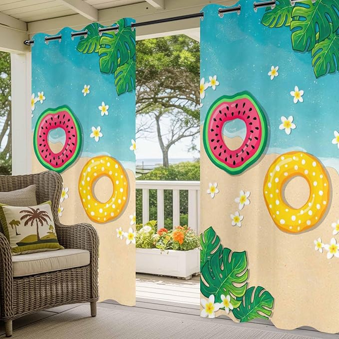 Summer Outdoor Curtains for Patio Plumeria Swimming Circles Ocean Beach Waterproof Outside Curtains with Grommet Top Weatherproof Curtain for Cabana Pergola Gazebo, 1 Panel, 54" W x 84" L