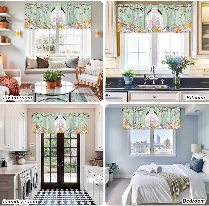 Easter Curtain Valances for Windows, Kitchen Valance Window Treatment, Spring Watercolor Bunny Eggs Wooden Grain Green Light Filtering Block Curtains for Bathroom/Bedroom/Living Room 60'' x 18''
