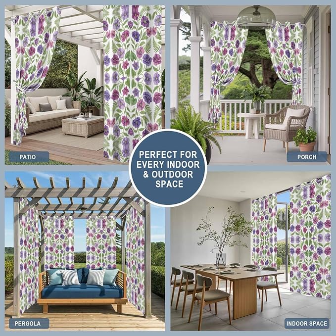 Flowers Outdoor Curtains for Patio Summer Floral Pastoral Farmhouse Plant Waterproof Outside Curtains with Grommet Top Weatherproof Curtain for Cabana Pergola Gazebo, 2 Pack, 54" W x 84" L