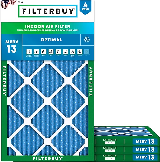 Filterbuy 13x24x1 Air Filter MERV 13 Optimal Smoke & Allergy Defense (4-Pack), Electrostatic Pleated HVAC AC Furnace Filters Replacement, Made in USA (Actual Size: 13.00 x 24.00 x 0.75)