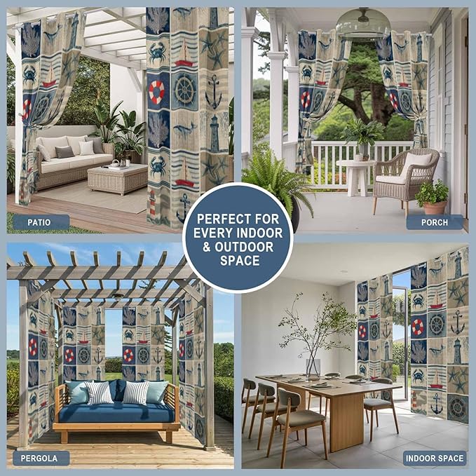 Oceans Outdoor Curtains for Patio Shell Starfish Whales Summer Vintage Waterproof Outside Curtains with Grommet Top Weatherproof Curtain for Cabana Pergola Gazebo, 2 Pack, 54" W x 84" L