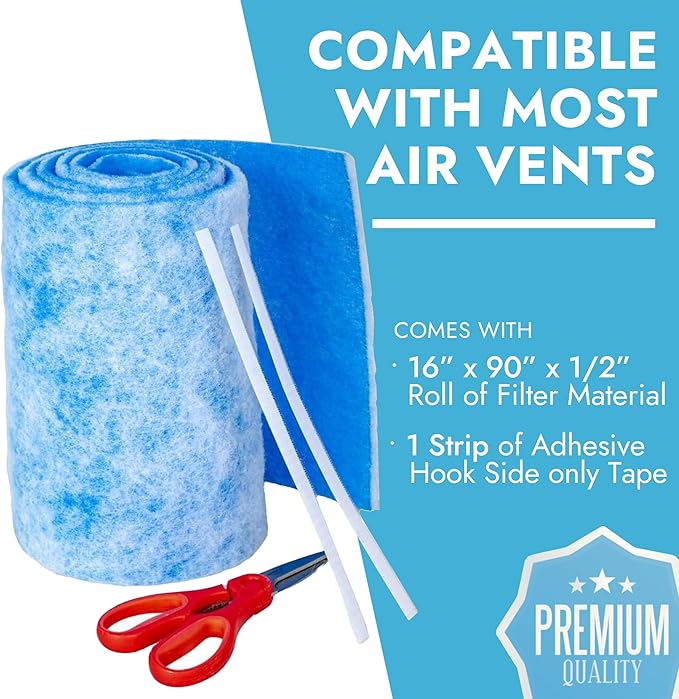 NORTHWEST ENTERPRISES Air Vent Filters - Cut to Size Floor Vent Filters for home - MERV 8 Electrostatic Cut to Fit Air Filter Roll & Adhesive Hook Tape (MERV 8-16" x 90" Triple Filtration)