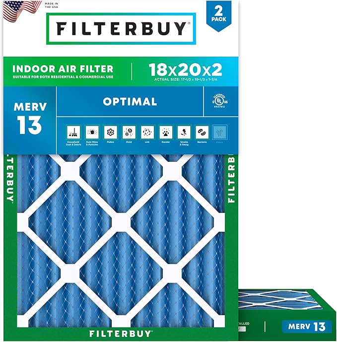 Filterbuy 18x20x2 Air Filter MERV 13 Optimal Smoke & Allergy Defense (2-Pack), Electrostatic Pleated HVAC AC Furnace Filters Replacement, Made in USA (Actual Size: 17.50 x 19.50 x 1.75)