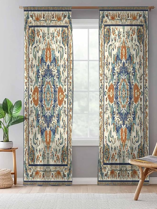 Sheer Curtains 96 Inches Long, Southwest Farmhouse Semi Sheer Curtains Light Filtering Window Treatment, Orange Blue Desert Bohemian Privacy Voile Drapes for Living Room Bedroom 52x96 Inch