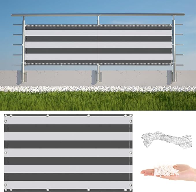 Privacy Fence Screen 8.2' x 29.5' Heavy Duty 165 GSM HDPE Privacy Screen Outdoor, Easy Installation with Zip Ties for Carport, Fence, Patio, Apartment, Backyard, Balcony, Gray Stripes