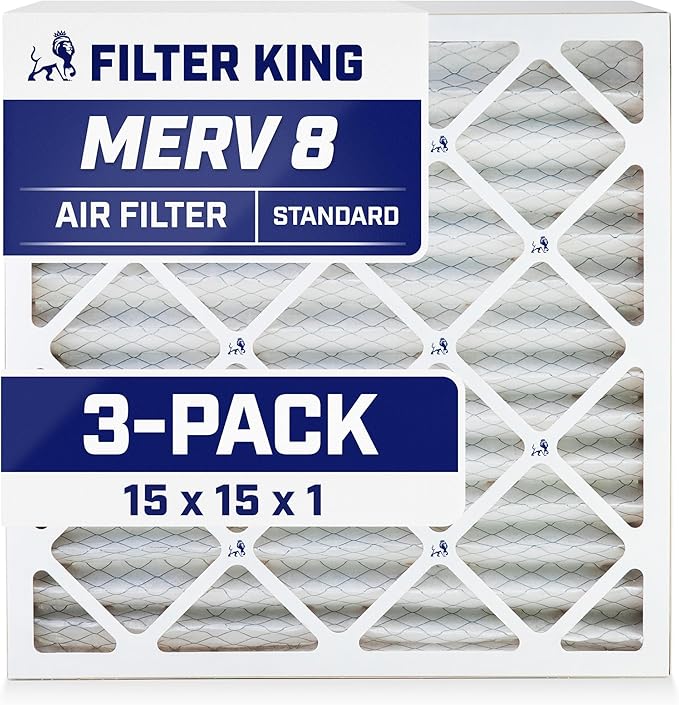 Filter King 15x15x1 Air Filter | 3-PACK | MERV 8 HVAC Pleated A/C Furnace Filters | MADE IN USA | Actual Size: 15 x 15 x .75"