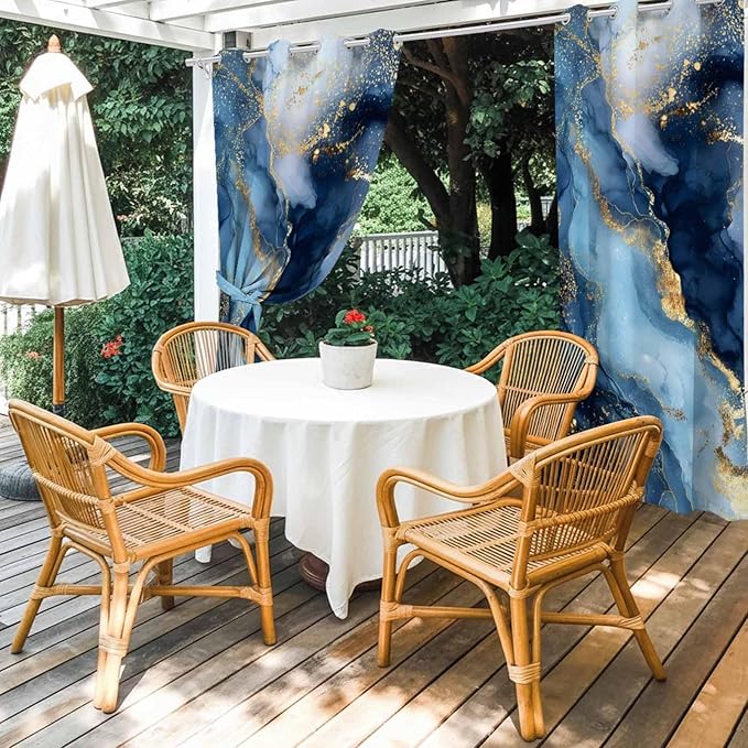 Marble Texture Outdoor Curtains for Patio Abstract Gradient Blue Golden Gorgeous Waterproof Outside Curtains with Grommet Top Weatherproof Curtain for Cabana Pergola Gazebo, 2 Pack, 54" W x 95" L