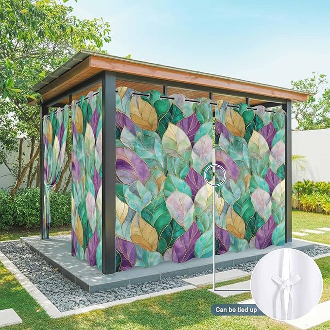 Leaves Outdoor Curtains for Patio Gorgeous Leaf Abstract Spring Waterproof Outside Curtains with Grommet Top Weatherproof Curtain for Cabana Pergola Gazebo, 1 Panel, 54" W x 95" L
