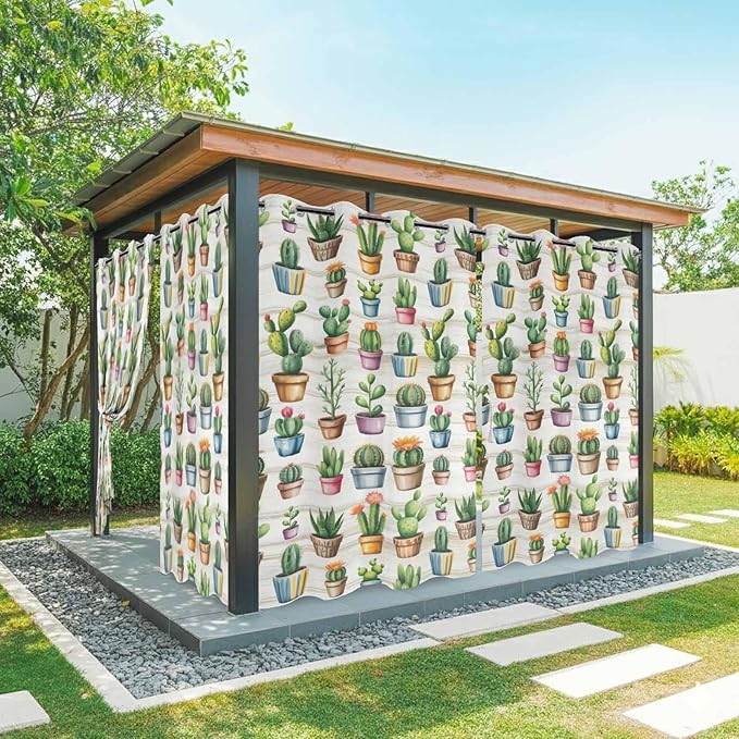 Summer Cactus Outdoor Curtains for Patio Cactus Tropical Plant Wooden Waterproof Outside Curtains with Grommet Top Weatherproof Curtain for Cabana Pergola Gazebo, 1 Panel, 54" W x 108" L