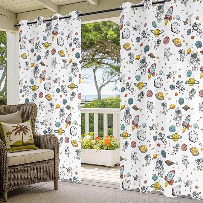 Cartoon Space Outdoor Curtains for Patio Astronauts Spacecraft Rockets Waterproof Outside Curtains with Grommet Top Weatherproof Curtain for Cabana Pergola Gazebo, 2 Pack, 54" W x 84" L