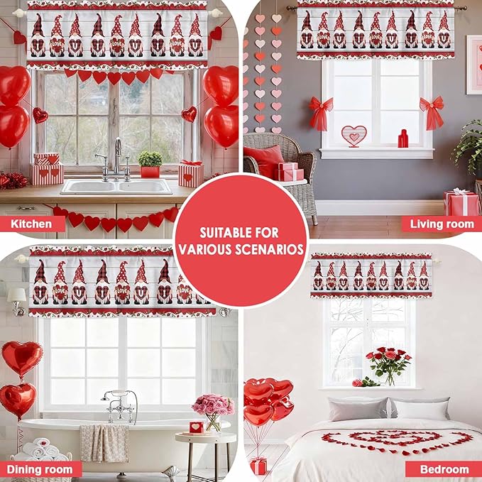 I Love U Valance Curtains for Kitchen, Valentine's Day Dwarf Romantic Wood Grain Privacy Rod Pocket Valance Curtain, Light-Filtering Window Treatment for Bedroom Bathroom, 54"x18"