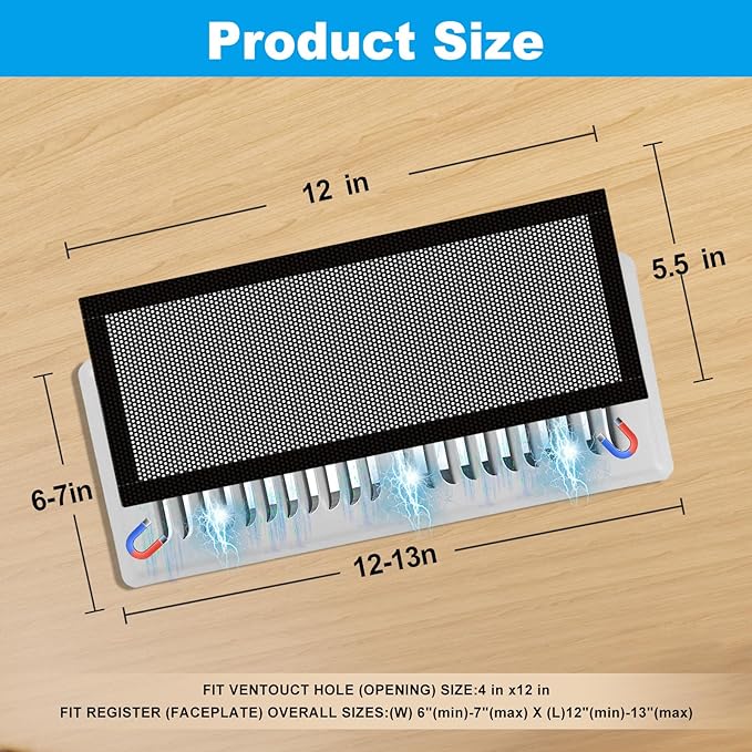 4 PCS Black Magnetic Vent Covers-5.5x12 Magnetic Air Vent Covers with Mesh Screen for Floor/Wall/Ceiling Registers-Easy to Install, Durable Design(Fits Registers 5"to7" Width x 12" to14"Length)