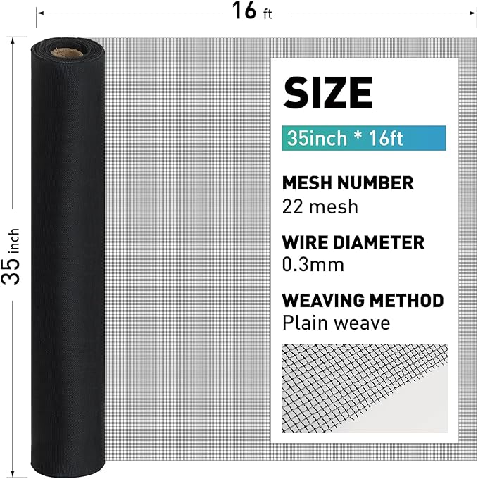 304 Stainless Steel Mesh Window Screen Roll,35IN x 16FT Black Metal Window Screen Replacement,Window Screen Mesh for Window,Door,Patio,Pet,Vent,Filter,Porch,Cage and DIY Project (22 Mesh)
