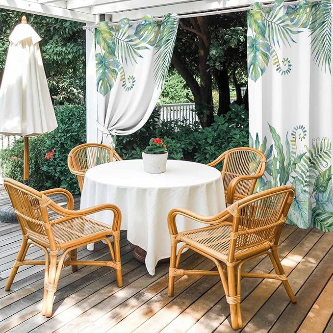 Leaves Outdoor Curtains for Patio Green Leaf Tropical Plants Farmhouse Pastoral Waterproof Outside Curtains with Grommet Top Weatherproof Curtain for Cabana Pergola Gazebo, 2 Pack, 54" W x 84" L