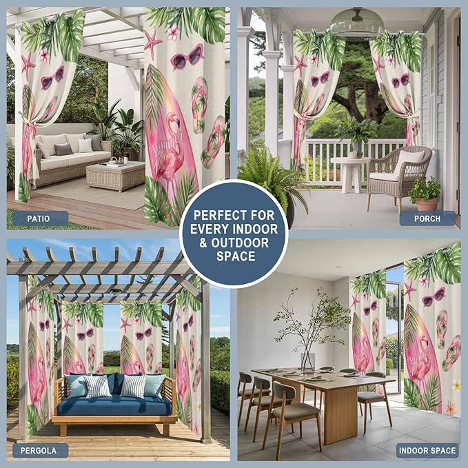 Summer Flamingbirds Outdoor Curtains for Patio Palm Leaves Plumeria Linen Waterproof Outside Curtains with Grommet Top Weatherproof Curtain for Cabana Pergola Gazebo, 1 Panel, 54" W x 95" L