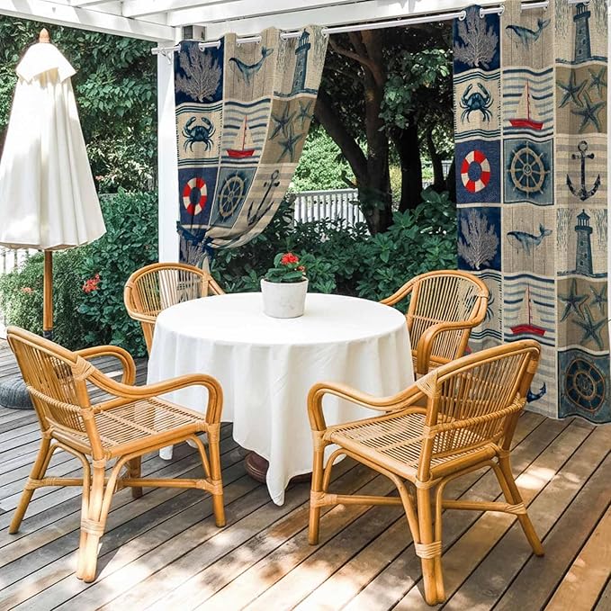 Oceans Outdoor Curtains for Patio Shell Starfish Whales Summer Vintage Waterproof Outside Curtains with Grommet Top Weatherproof Curtain for Cabana Pergola Gazebo, 1 Panel, 54" W x 84" L