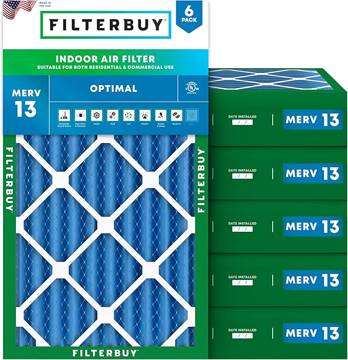 Filterbuy 16x24x4 Air Filter MERV 13 Optimal Smoke & Allergy Defense (6-Pack), Electrostatic Pleated HVAC AC Furnace Filters Replacement, Made in USA (Actual Size: 15.38 x 23.38 x 3.63)