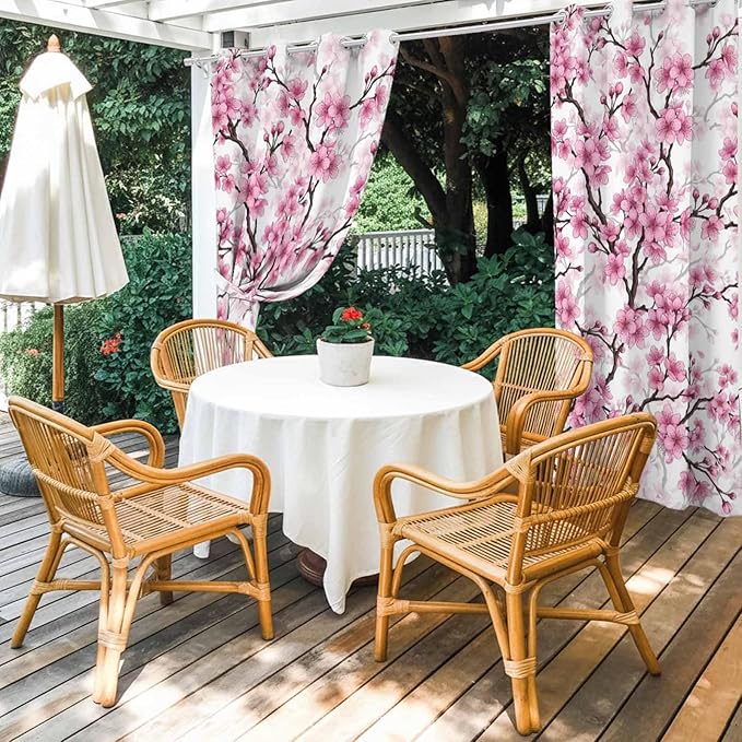 Cherry Flowers Outdoor Curtains for Patio Spring Flower Vintage Watercolor Waterproof Outside Curtains with Grommet Top Weatherproof Curtain for Cabana Pergola Gazebo, 2 Pack, 54" W x 108" L