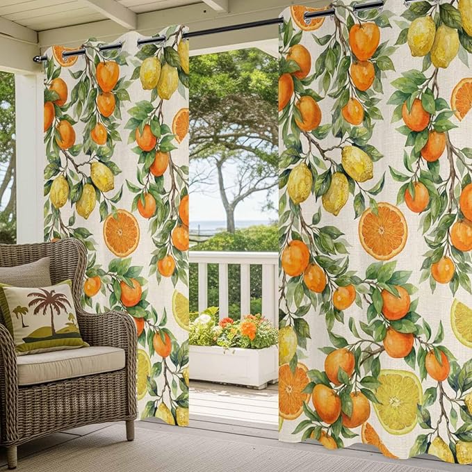 Lemons Yellow Orange Summer Plant Linen Outdoor Curtains for Patio Waterproof Outside Curtains with Grommet Top Weatherproof Curtain for Cabana Pergola Gazebo, 2 Pack, 54" W x 95" L