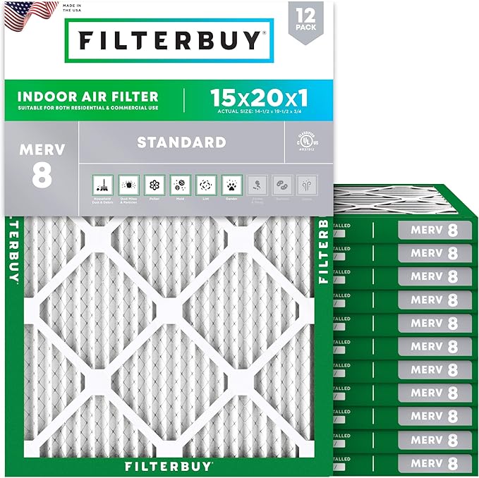 Filterbuy 15x20x1 Air Filter MERV 8 Essential Dust & Allergy Defense (12-Pack), Electrostatic Pleated HVAC AC Furnace Filters Replacement, Made in USA (Actual Size: 14.50 x 19.50 x 0.75)