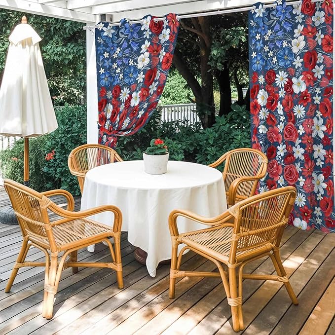 4th of July Outdoor Curtains for Patio Patriotic Flowers Farmhouse Red Waterproof Outside Curtains with Grommet Top Weatherproof Curtain for Cabana Pergola Gazebo, 1 Panel, 54" W x 108" L
