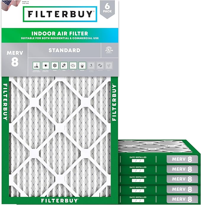 Filterbuy 14x28x1 Air Filter MERV 8 Essential Dust & Allergy Defense (6-Pack), Electrostatic Pleated HVAC AC Furnace Filters Replacement, Made in USA (Actual Size: 13.50 x 27.50 x 0.75)