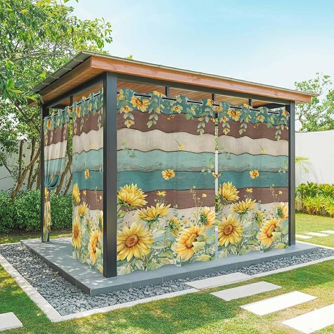 Sunflowers Outdoor Curtains for Patio Summer Floral Eucalyptus Leaves Vintage Wood Waterproof Outside Curtains with Grommet Top Weatherproof Curtain for Cabana Pergola Gazebo, 1 Panel, 54" W x 108" L