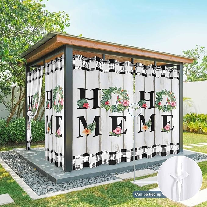 Summer Outdoor Curtains for Patio Leaves Garland Plumeria Wood Buffalo Plaid Waterproof Outside Curtains with Grommet Top Weatherproof Curtain for Cabana Pergola Gazebo, 1 Panel, 54" W x 95" L