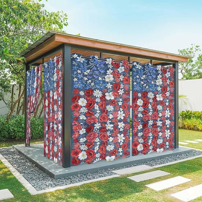 4th of July Outdoor Curtains for Patio Patriotic Flowers Farmhouse Red Waterproof Outside Curtains with Grommet Top Weatherproof Curtain for Cabana Pergola Gazebo, 2 Pack, 54" W x 108" L