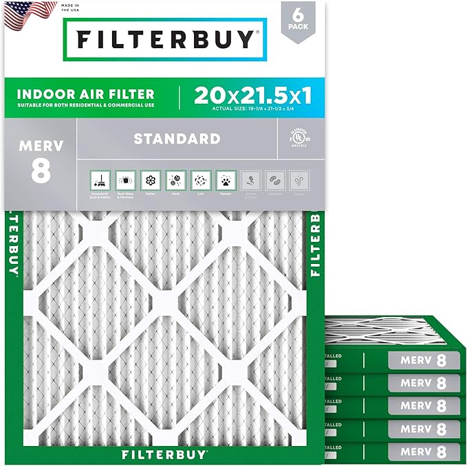 Filterbuy 20x21.5x1 Air Filter MERV 8 Essential Dust & Allergy Defense (6-Pack), Electrostatic Pleated HVAC AC Furnace Filters Replacement, Made in USA (Actual Size: 19.88 x 21.50 x 0.75)