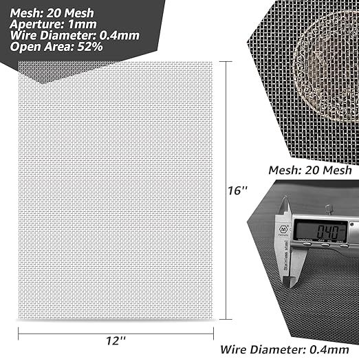 4 Pack 12x16 Inch Wire Mesh, 20 Mesh Stainless Steel Mesh, Never Rust Sturdy Metal Mesh Screen for DIY Projects, Vent, Cage, Garden, Window Screen, Filter Mesh
