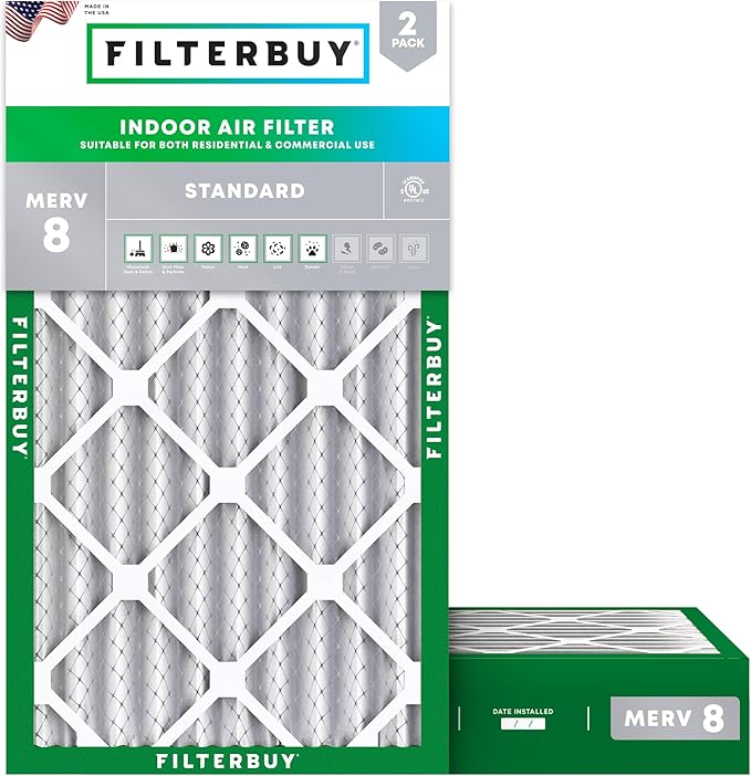 Filterbuy 9.75x23.75x4 Air Filter MERV 8 Essential Dust & Allergy Defense (2-Pack), Electrostatic Pleated HVAC AC Furnace Filters Replacement, Made in USA (Actual Size: 9.75 x 23.75 x 3.63)