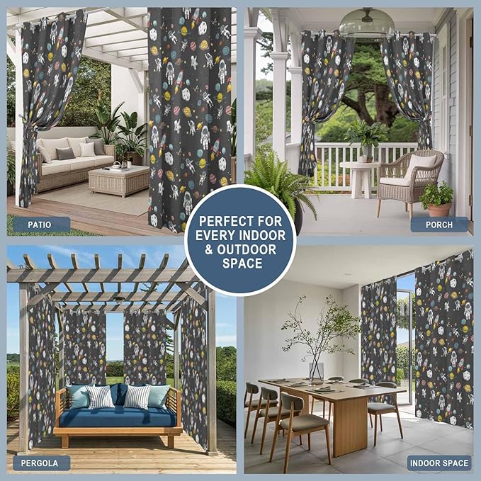 Cartoon Space Outdoor Curtains for Patio Rockets Planets Astronauts Gray Waterproof Outside Curtains with Grommet Top Weatherproof Curtain for Cabana Pergola Gazebo, 2 Pack, 54" W x 108" L