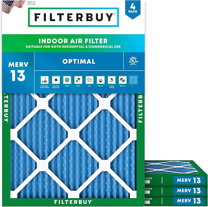 Filterbuy 16x18x1 Air Filter MERV 13 Optimal Smoke & Allergy Defense (4-Pack), Electrostatic Pleated HVAC AC Furnace Filters Replacement, Made in USA (Actual Size: 15.50 x 17.50 x 0.75)
