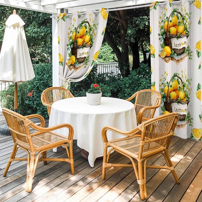 Lemon Outdoor Curtains for Patio Lemons Baskets Summer Tropical Plant Wood Waterproof Outside Curtains with Grommet Top Weatherproof Curtain for Cabana Pergola Gazebo, 2 Pack, 54" W x 95" L