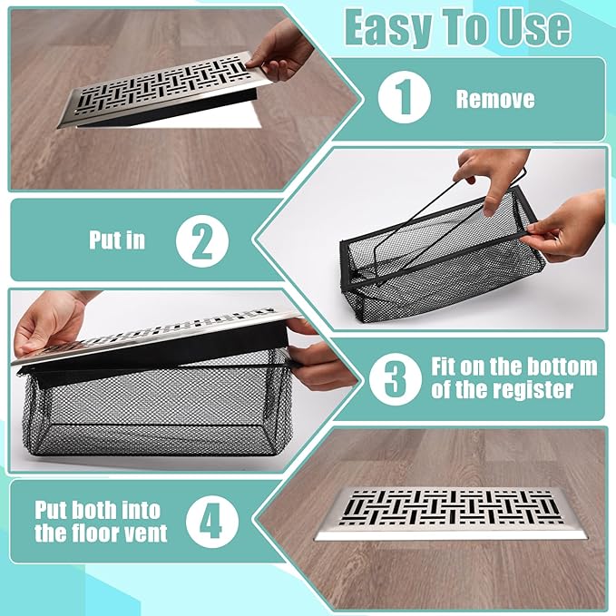 6PCS Floor Register Cover Trap 4"x12", Mesh Floor Vent Screen Net with Frame, Air Vent Filter Mesh Catcher for Hair Debris (4 x 12 Inch)