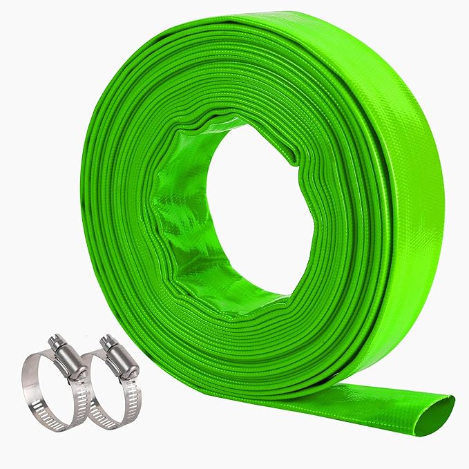 1-1/2" x 50 FT Pool Backwash Hose, Green Heavy Duty Reinforced PVC Lay Flat Water Discharge Hose for Swimming Pool Filter Pump,with 2 Clamp