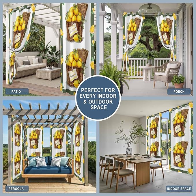 Lemon Outdoor Curtains for Patio Lemons in Baskets Summer Tropical Plants Green Waterproof Outside Curtains with Grommet Top Weatherproof Curtain for Cabana Pergola Gazebo, 1 Panel, 54" W x 84" L