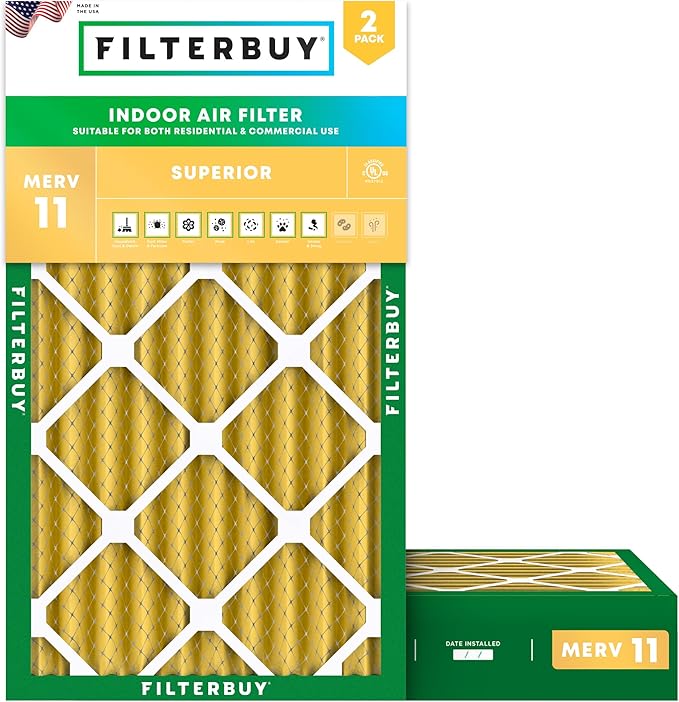 Filterbuy 12x20x4 Air Filter MERV 11 Superior Pet & Allergy Defense (2-Pack), Electrostatic Pleated HVAC AC Furnace Filters Replacement, Made in USA (Actual Size: 11.50 x 19.50 x 3.63)